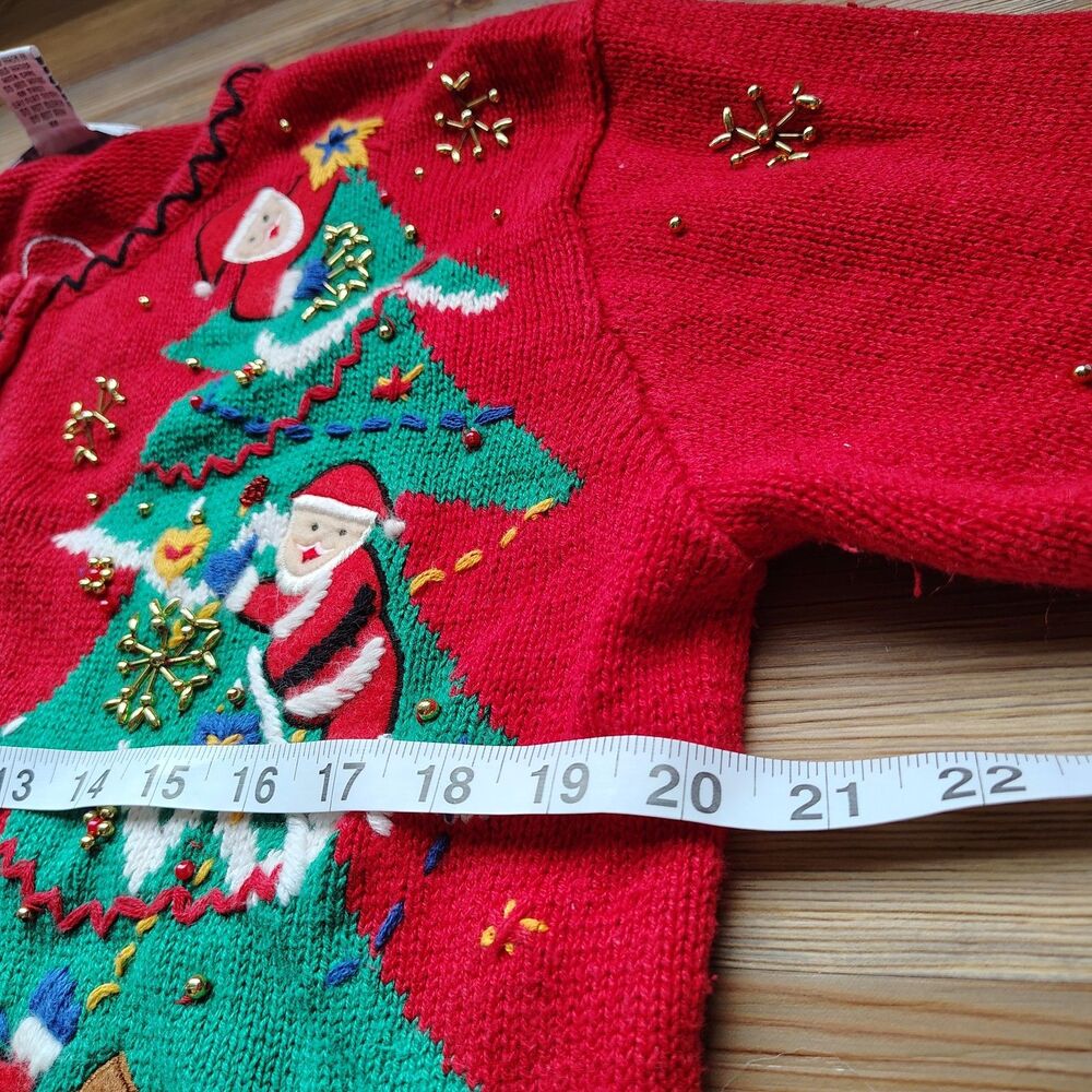 Vintage Christmas Cardigan Sweater Size M Santa Claus Tree Embellished Retro - Picture 11 of 12